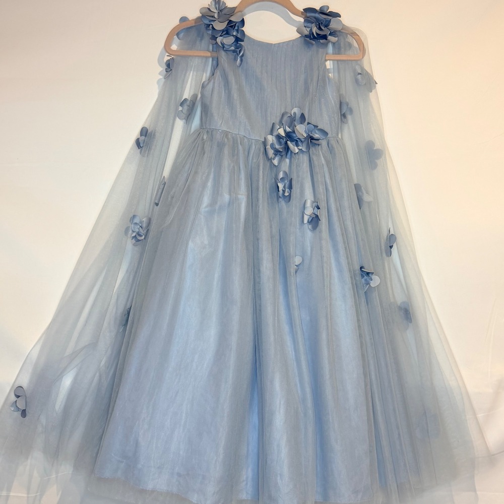 Azazie Blue Tulle Flower Girl Dress size 10 Floral Cape Whimsical Formal Gown